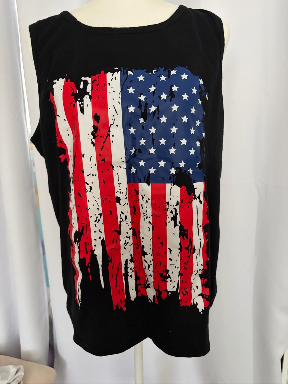 Men's Black Tank Top with Distressed American Flag Graphic